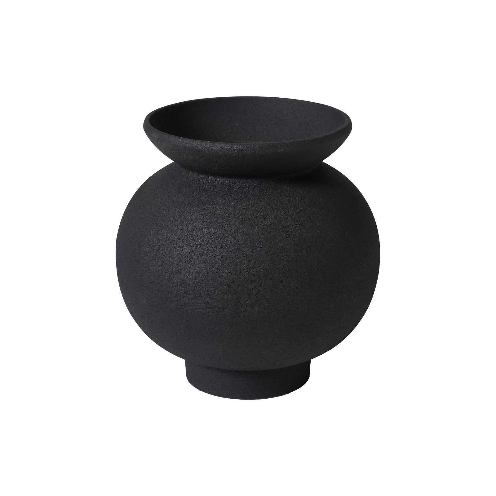 Cadiz vase by Renwil, round black ceramic vase with a wide lip and textured finish.