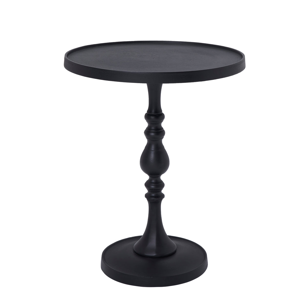 Yates Side Table in black with a round top and decorative base