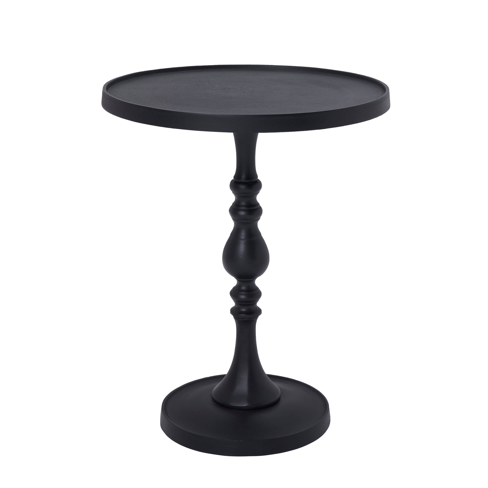 Yates Side Table in black with a round top and decorative base