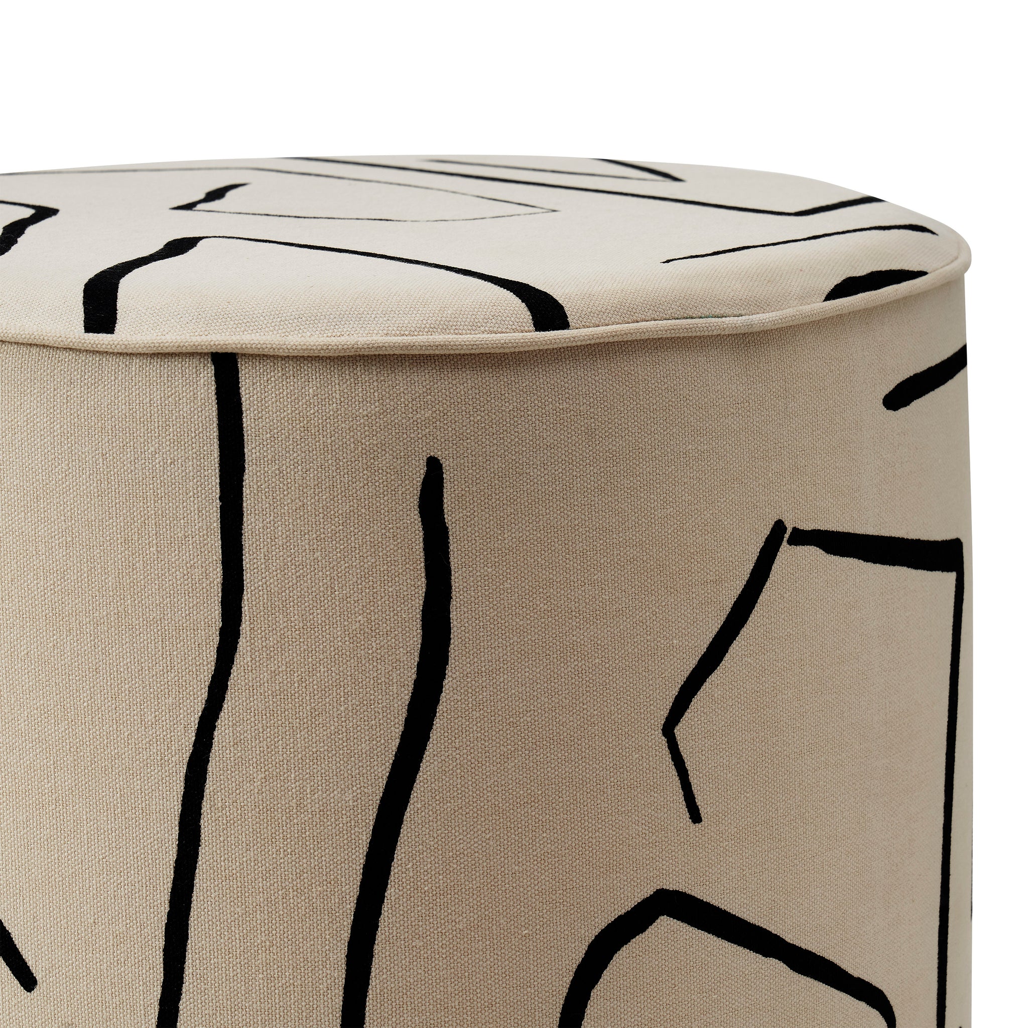 Rachelle Stool top view, beige fabric with black abstract line design