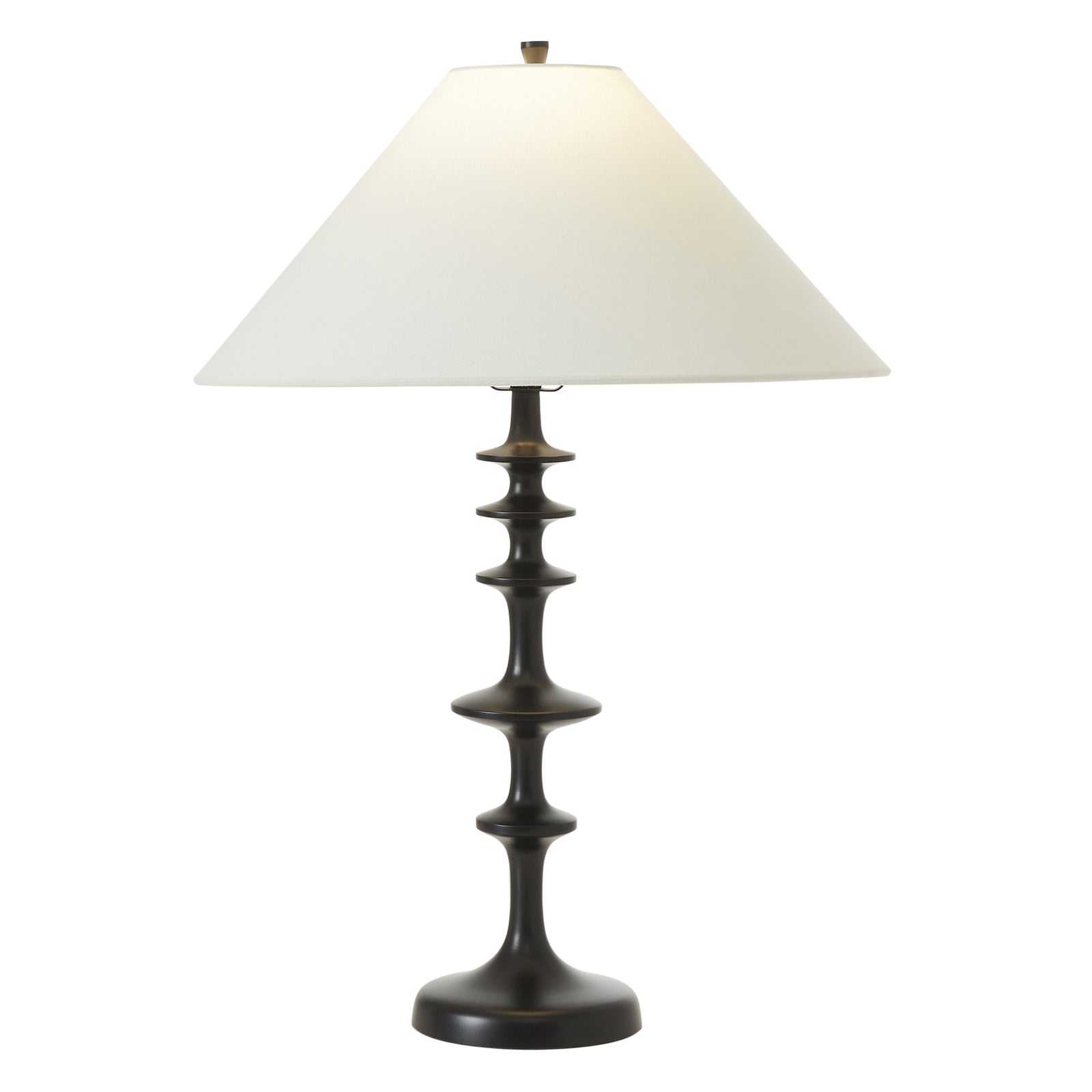 Petrus table lamp with a black base and white conical shade, showcasing a modern design.