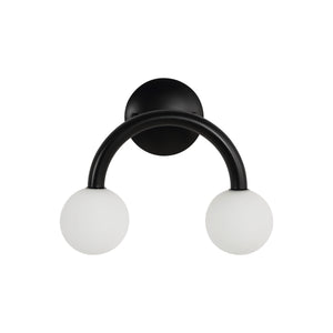 Santo wall sconce with two white globes and a black curved arm