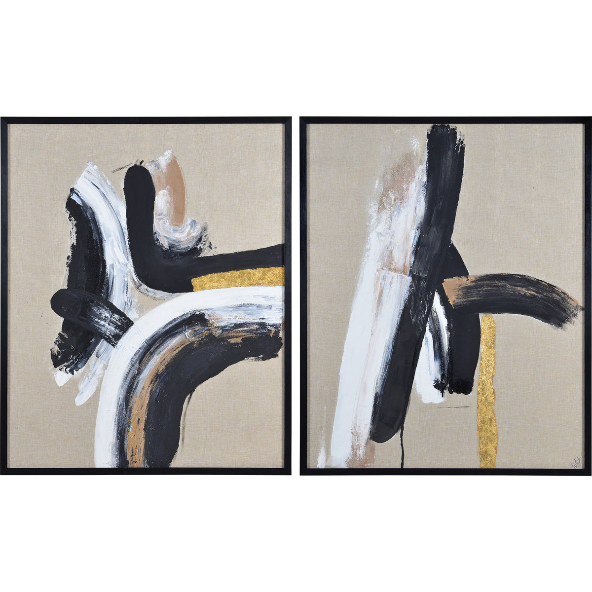Ilya Canvas Art featuring abstract black, white, and gold strokes on beige canvas.