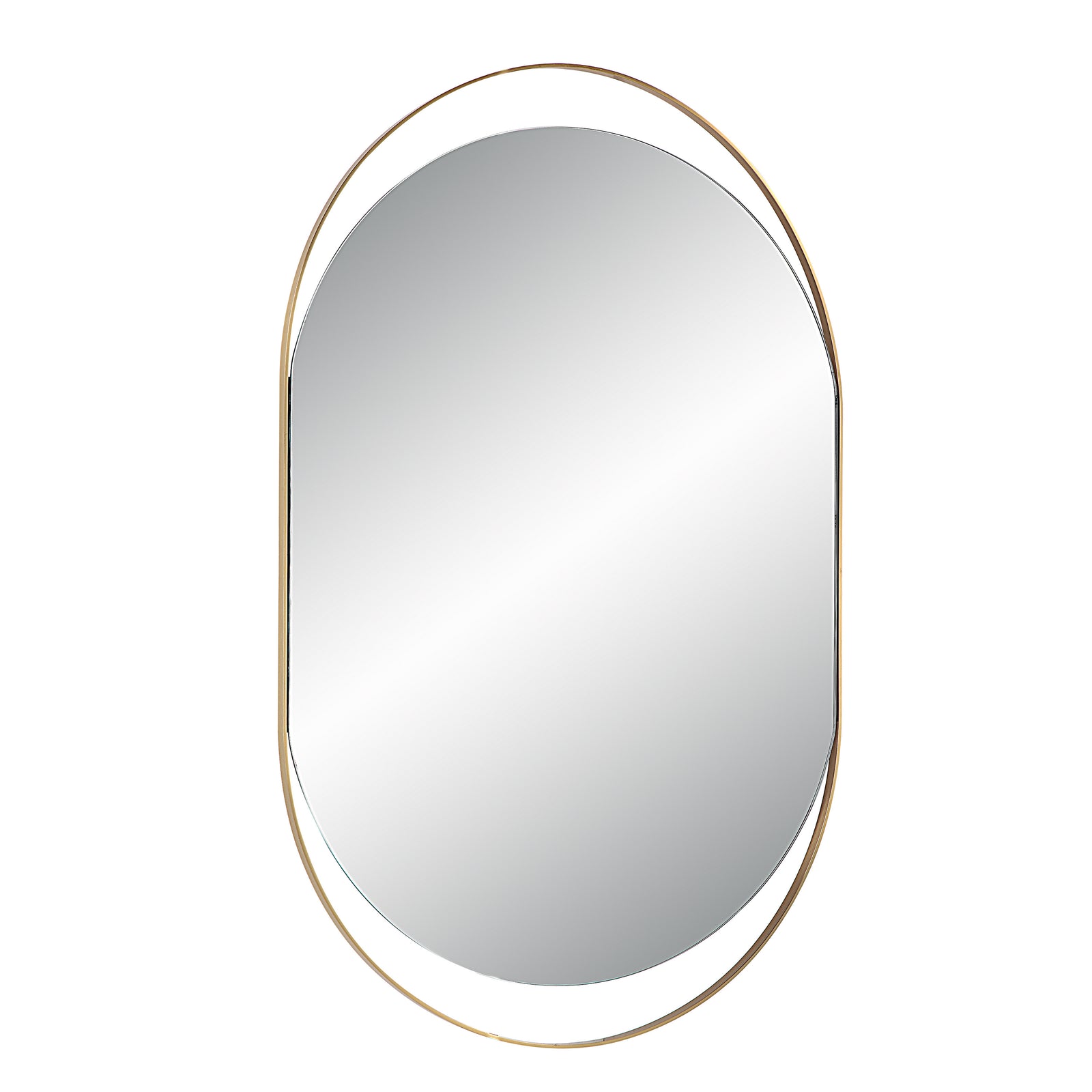 Ecru Wall Mirror with a sleek oval shape and gold metal frame, reflecting light.