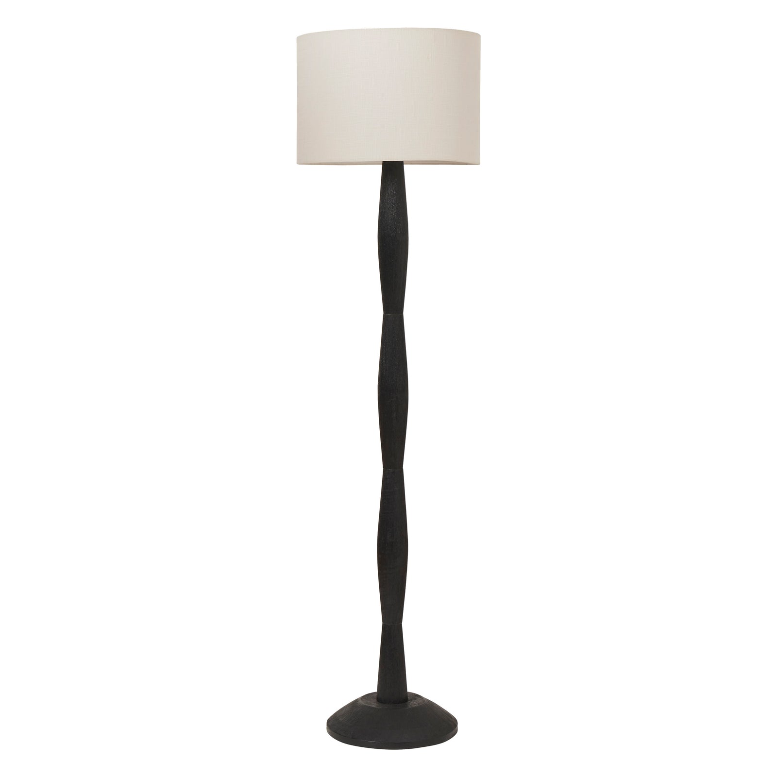 Francine Floor Lamp with a black wooden base and a white fabric shade