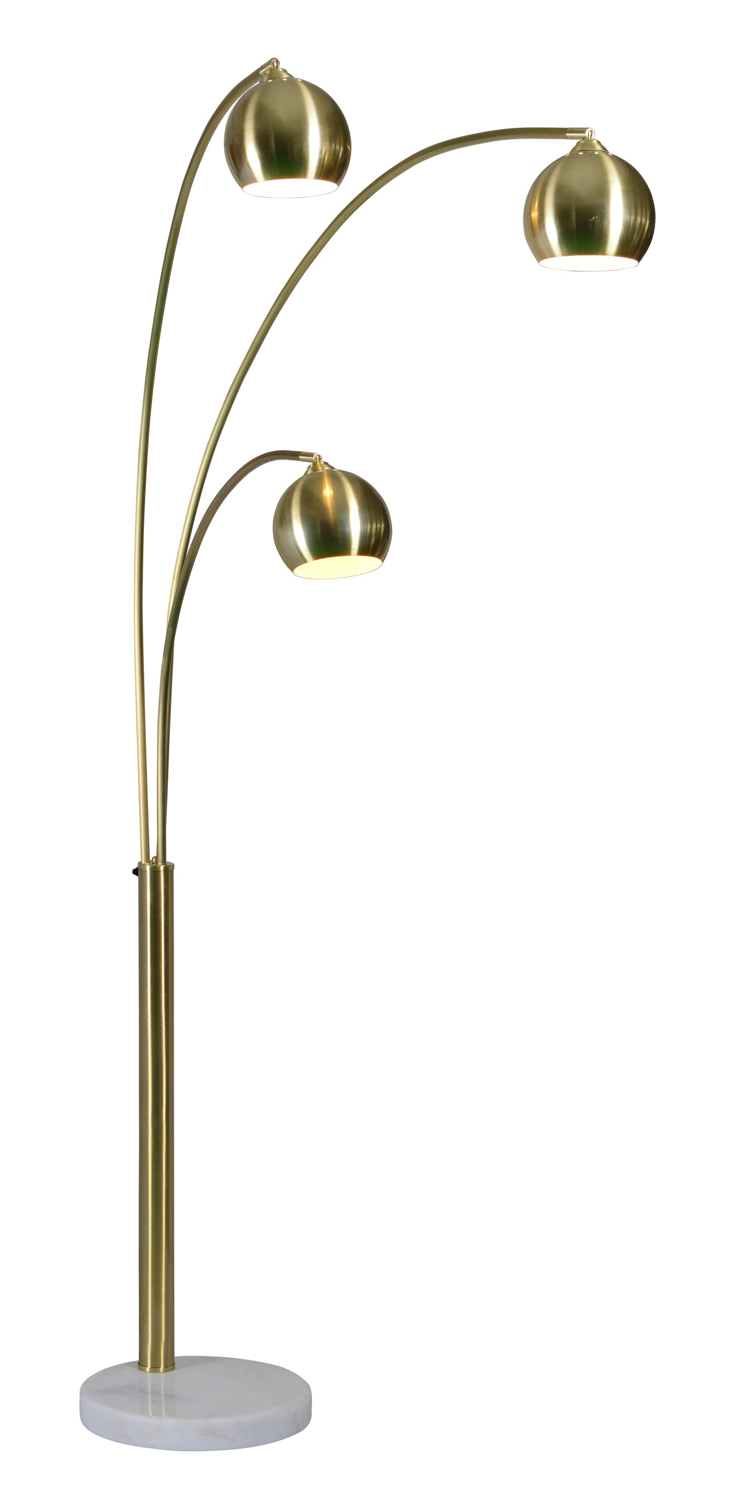 Dorset Floor Lamp with three brass shades and a white marble base, elegant curved design