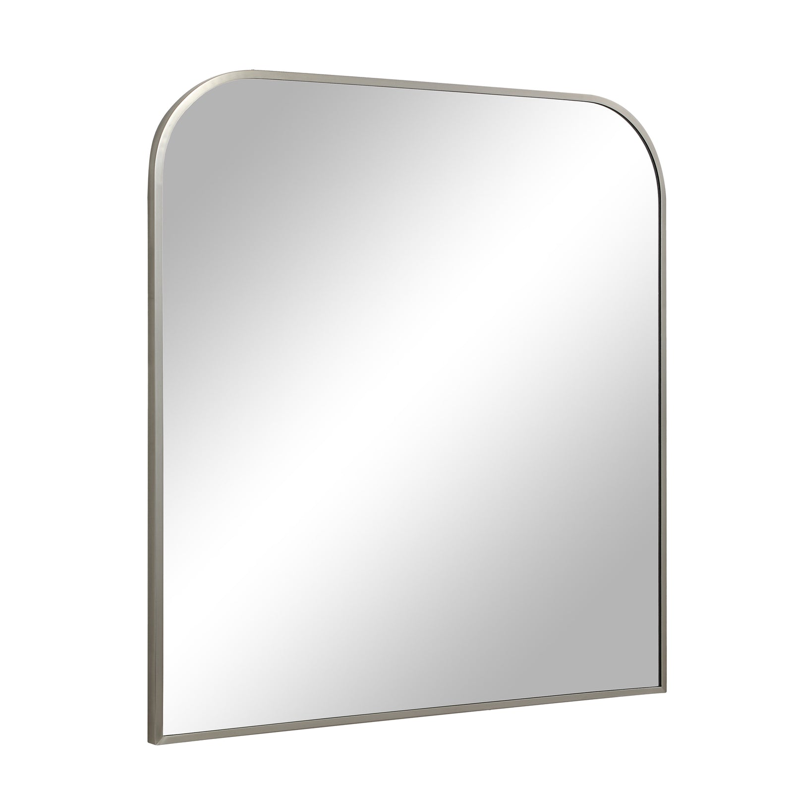 Salma mirror with a rounded top, sleek silver frame, and reflective surface