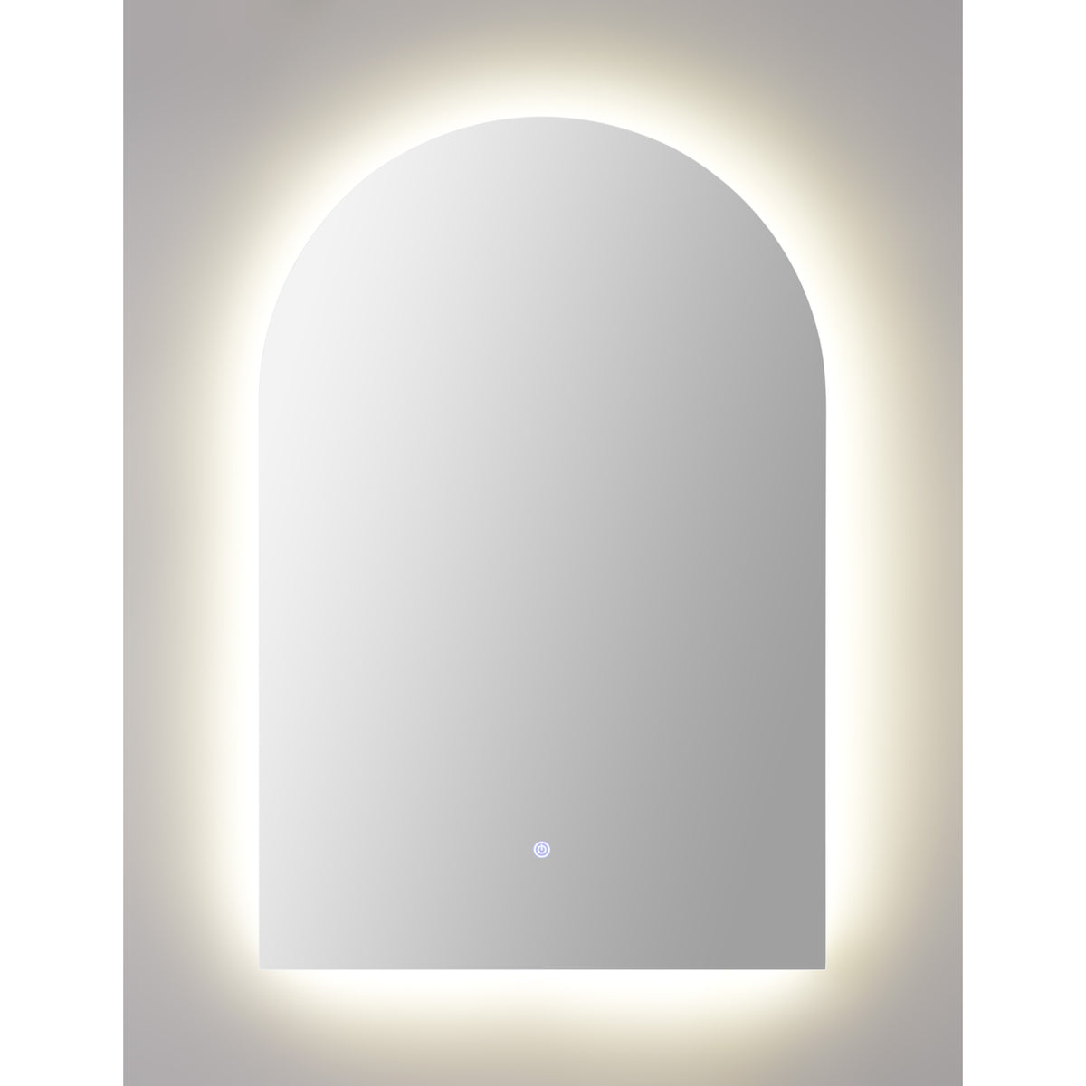 Blanca Led Mirror with soft backlight, arch-shaped design, sleek silver finish.