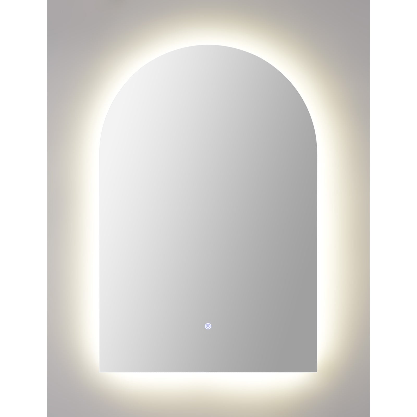 Blanca Led Mirror with soft backlight, arch-shaped design, sleek silver finish.