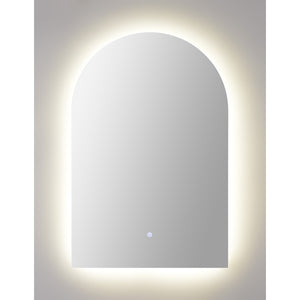 Blanca Led Mirror with soft backlight, arch-shaped design, sleek silver finish.