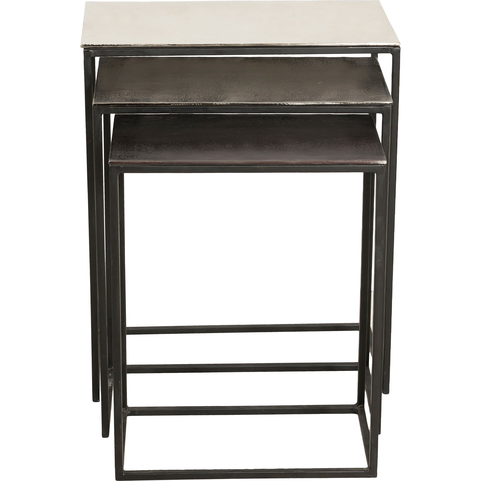 Manisa Table by Renwil, three nesting tables with metallic tops and black metal frames.