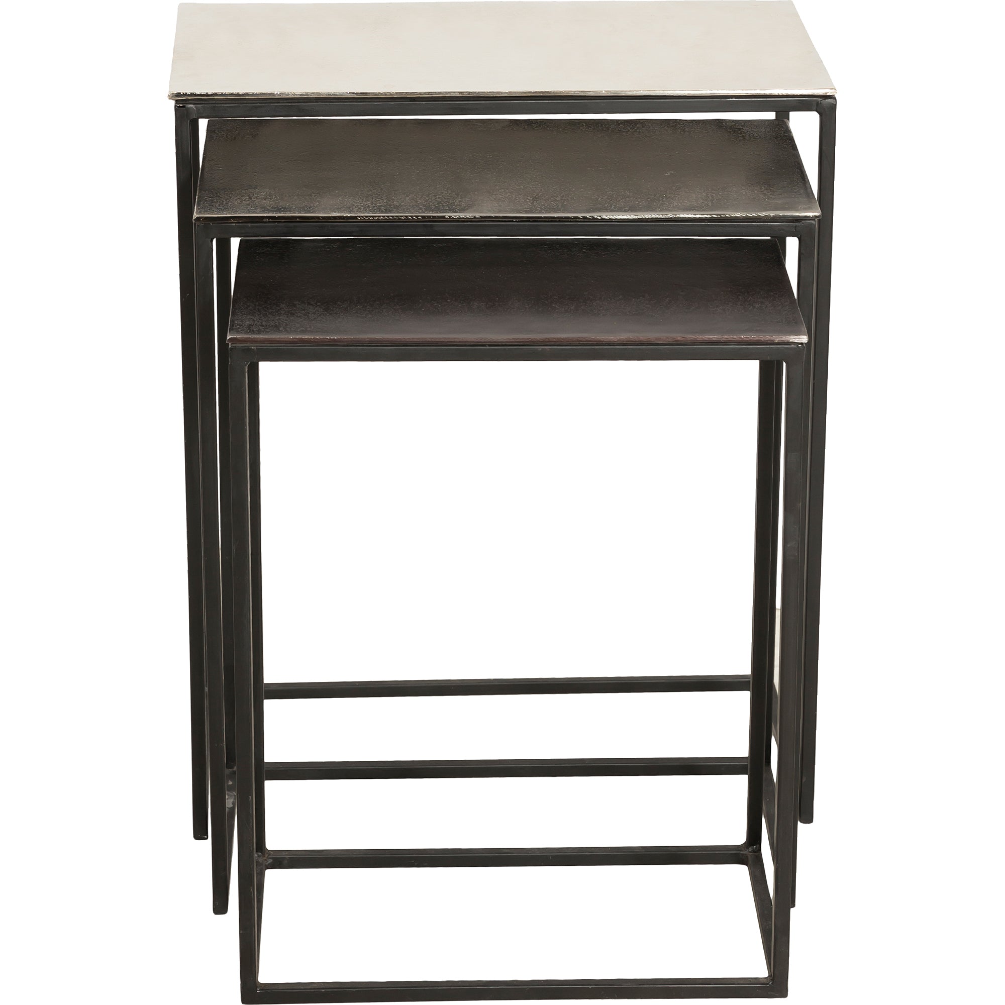 Manisa Table by Renwil, three nesting tables viewed from the front, showcasing metallic surfaces.