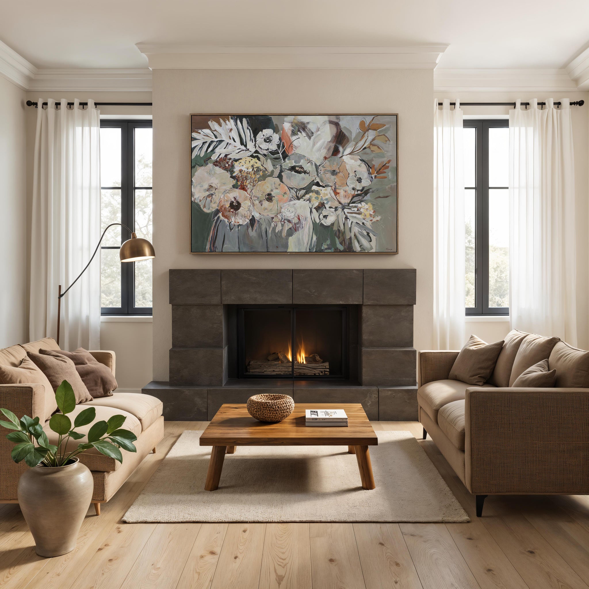 Living room setting with Paine canvas art above a modern fireplace and cozy furniture.