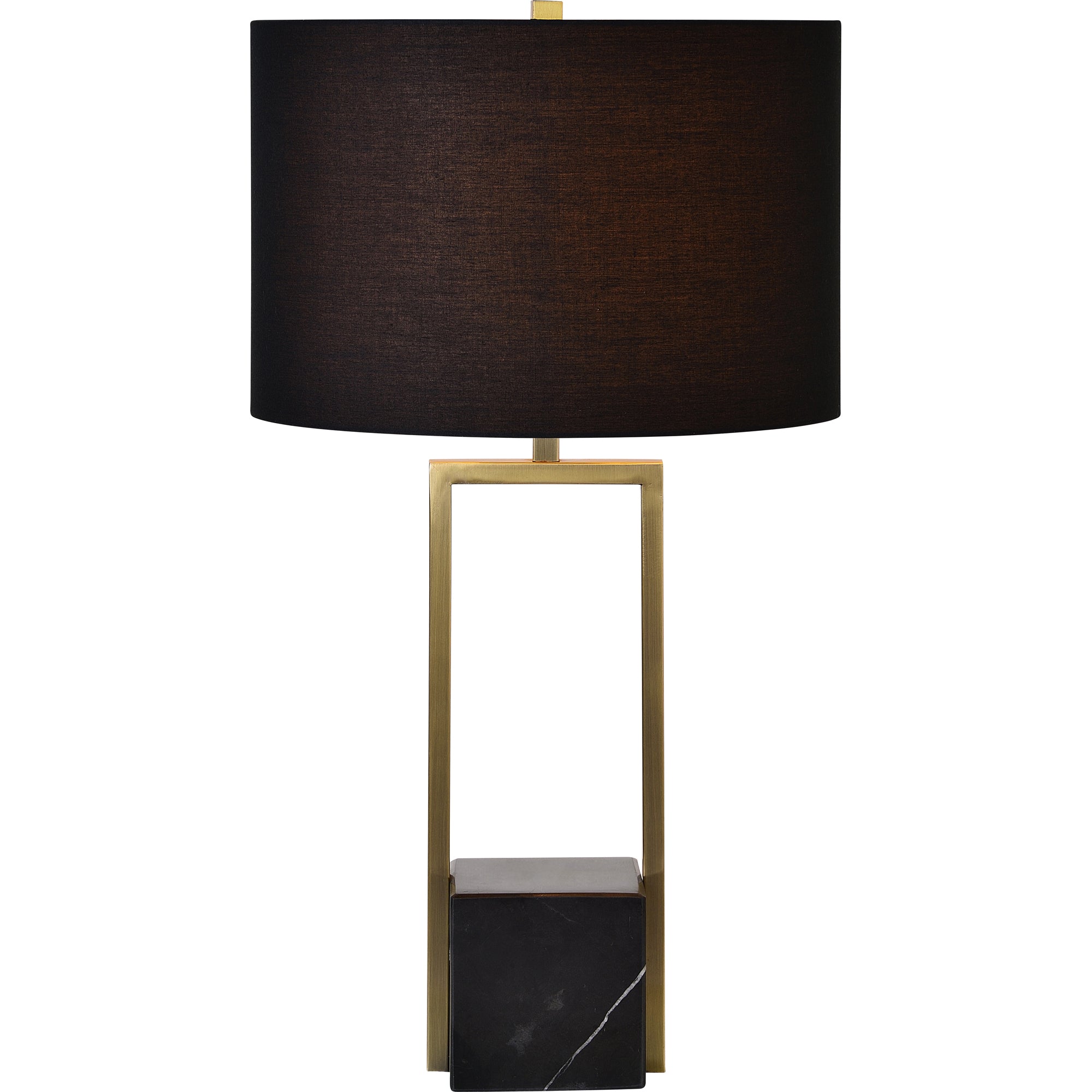 Arla Table Lamp with a black shade and gold metal frame, highlighting the marble base from a front view.