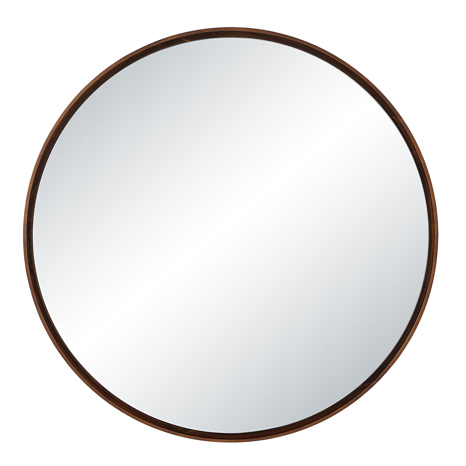 Cabiria mirror with a round shape and a dark wood frame, reflecting light.