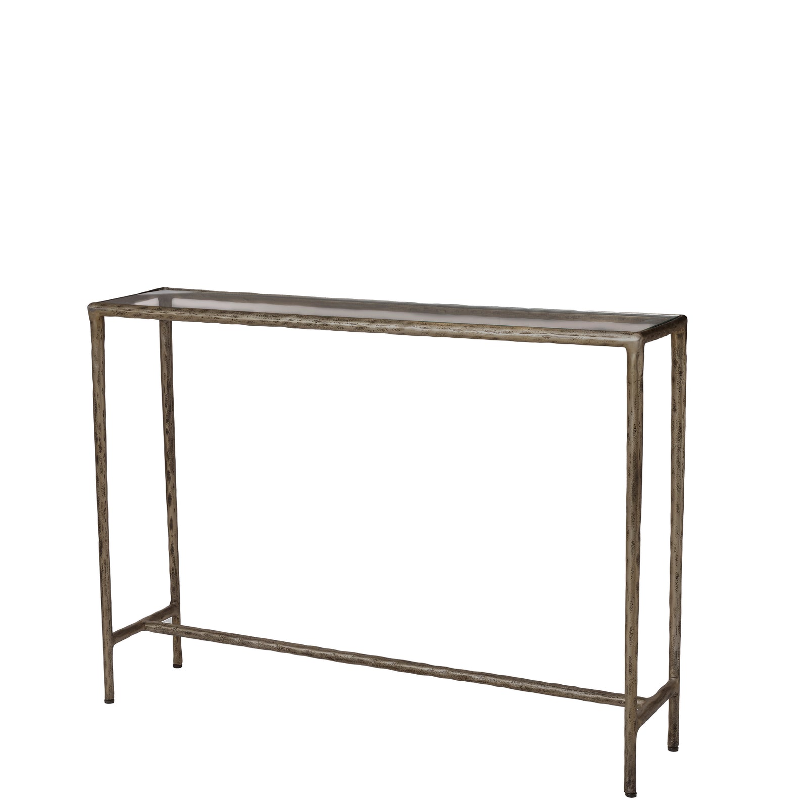 Nara console table with a glass top and textured metal frame in a silver finish.