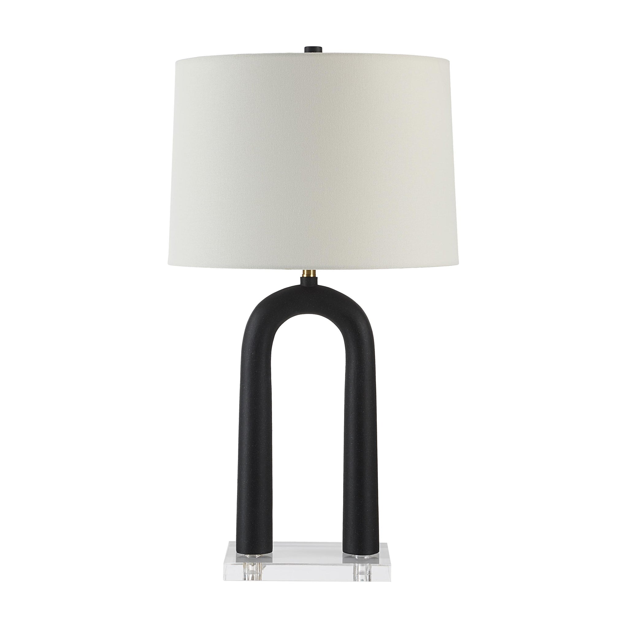Pisa Table Lamp featuring a black arching body and white shade on a transparent acrylic base.