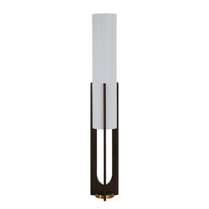 Mael floor lamp with a white cylindrical shade and dark wood base, featuring a gold accent.