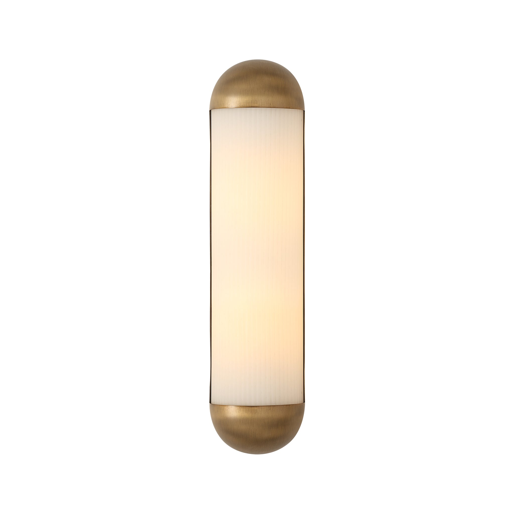 Amici wall sconce featuring a sleek design with a brass finish and frosted glass shade, vertical orientation.