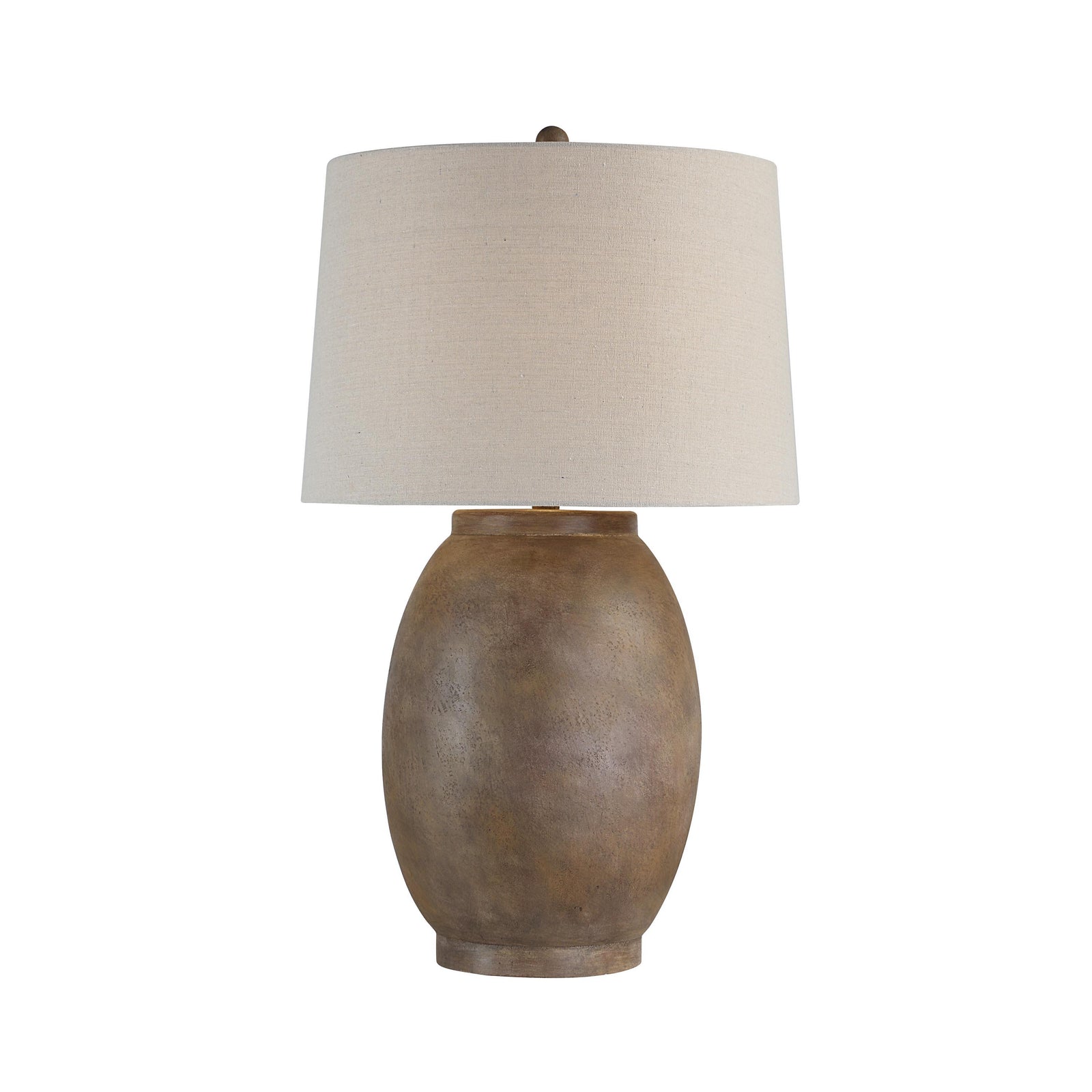 Naima Table Lamp with a beige fabric shade and a textured brown ceramic base