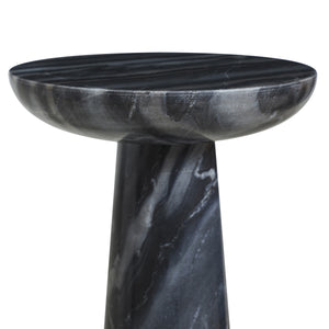 Close-up of Mercura side table showcasing the black marble surface and elegant curves.