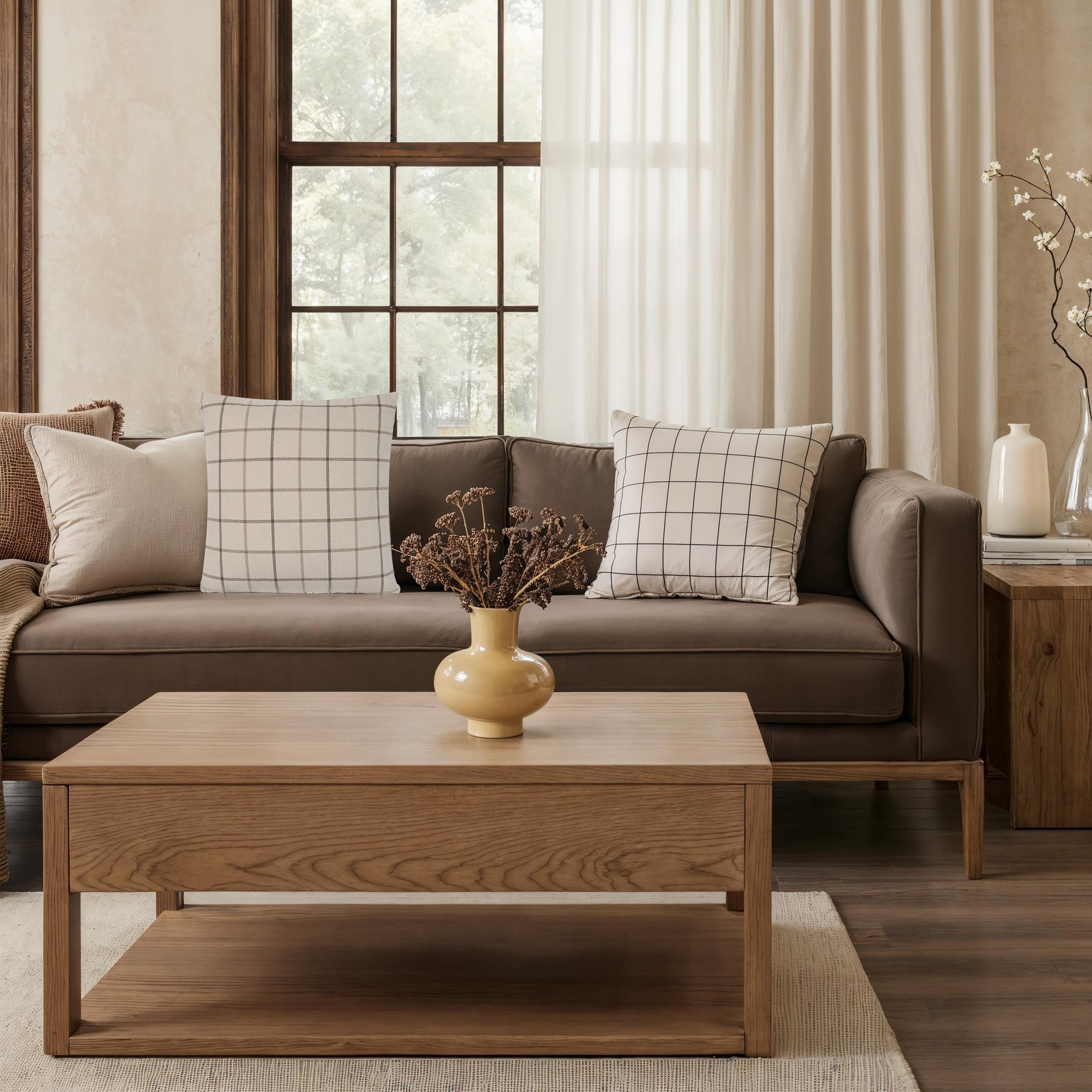 Thornhill pillow featuring a beige fabric with a brown plaid pattern.
