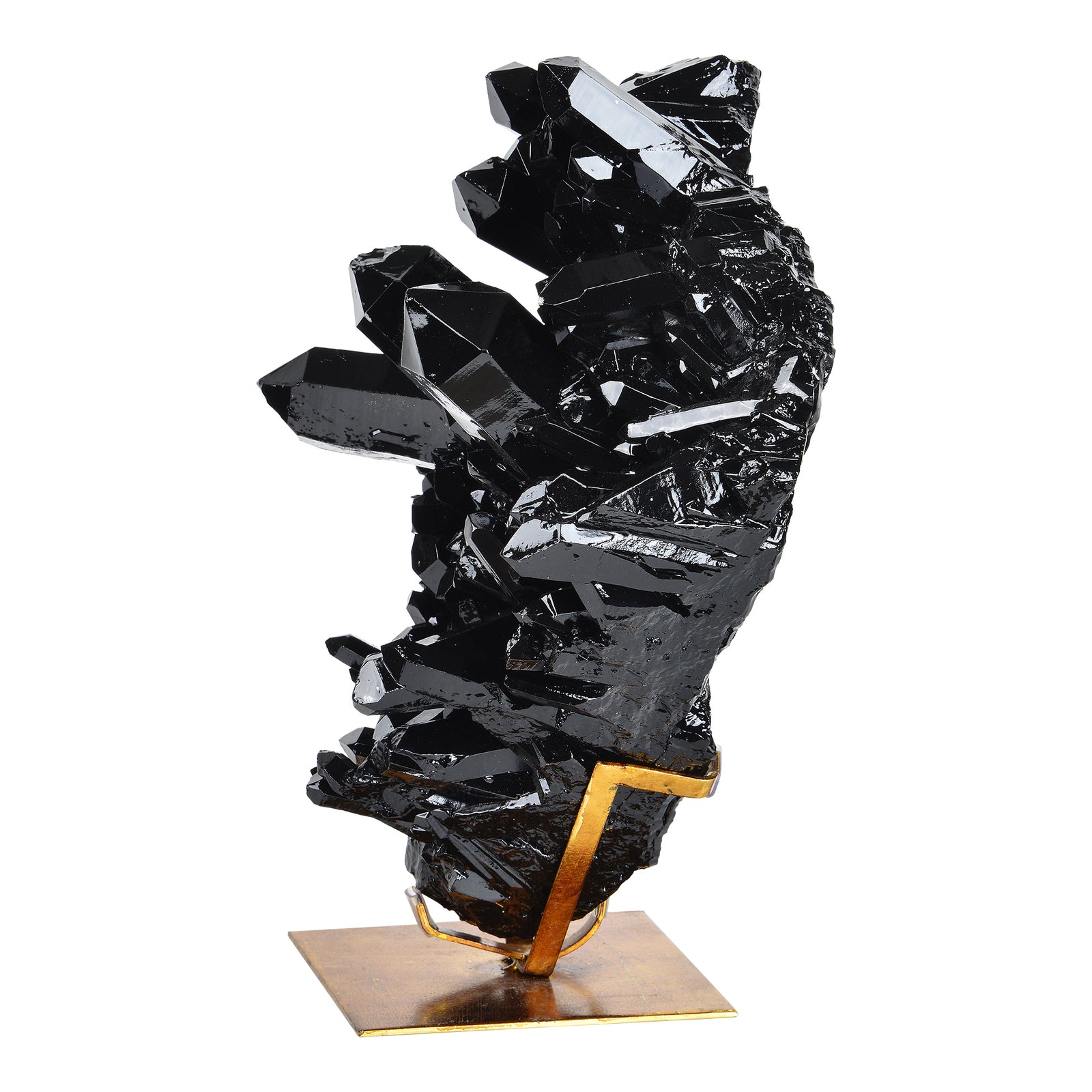 Burnett Statue by Renwil, black crystal vase on gold base, showcasing sharp crystal formations.