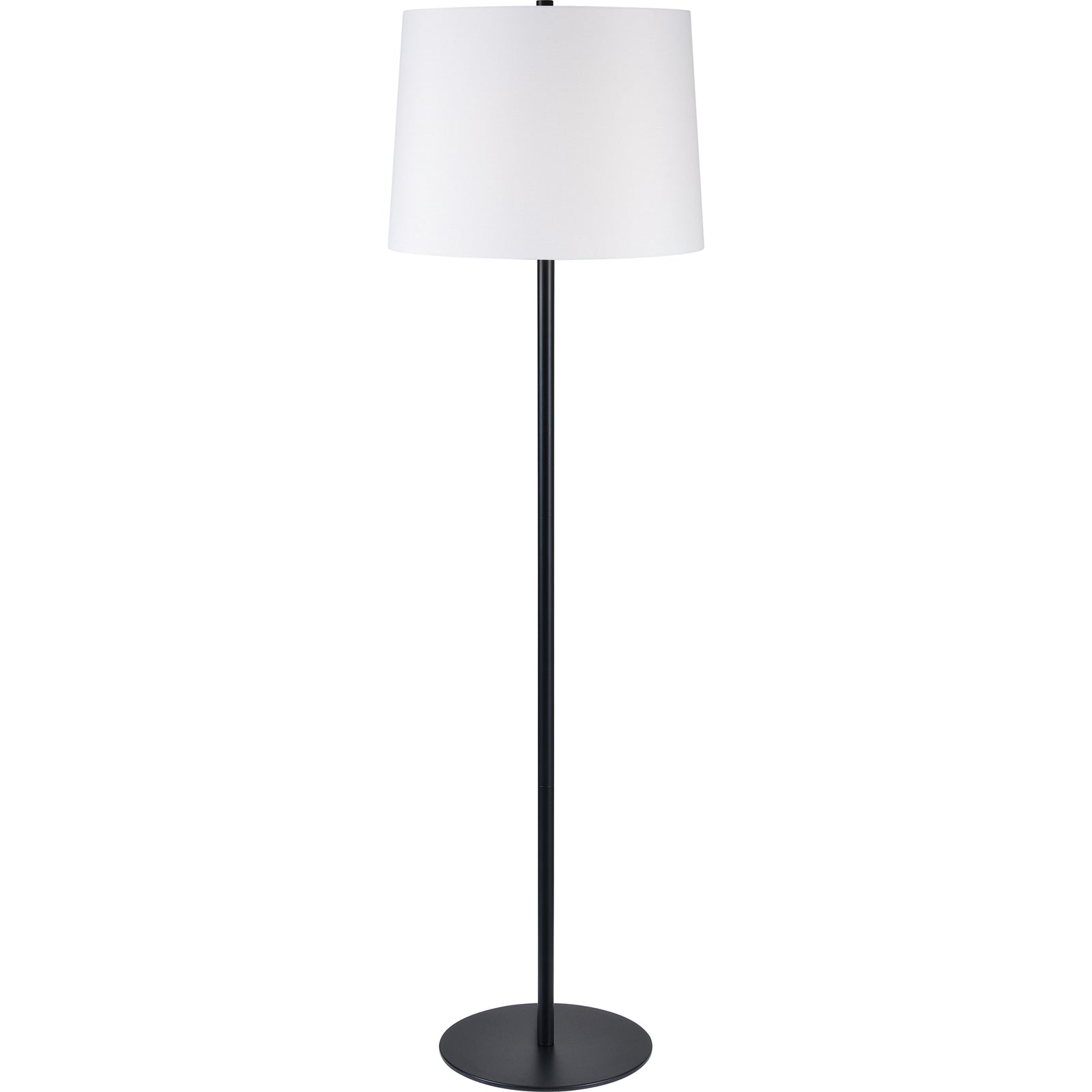 Nevin Floor Lamp with a white shade and black metal base, standing upright.