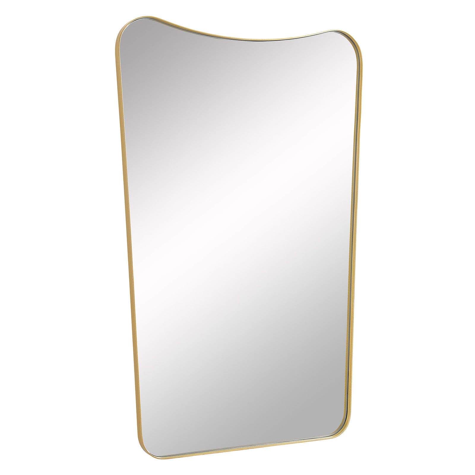 Artesia Wall Mirror with a wavy top edge and gold frame, reflecting light.