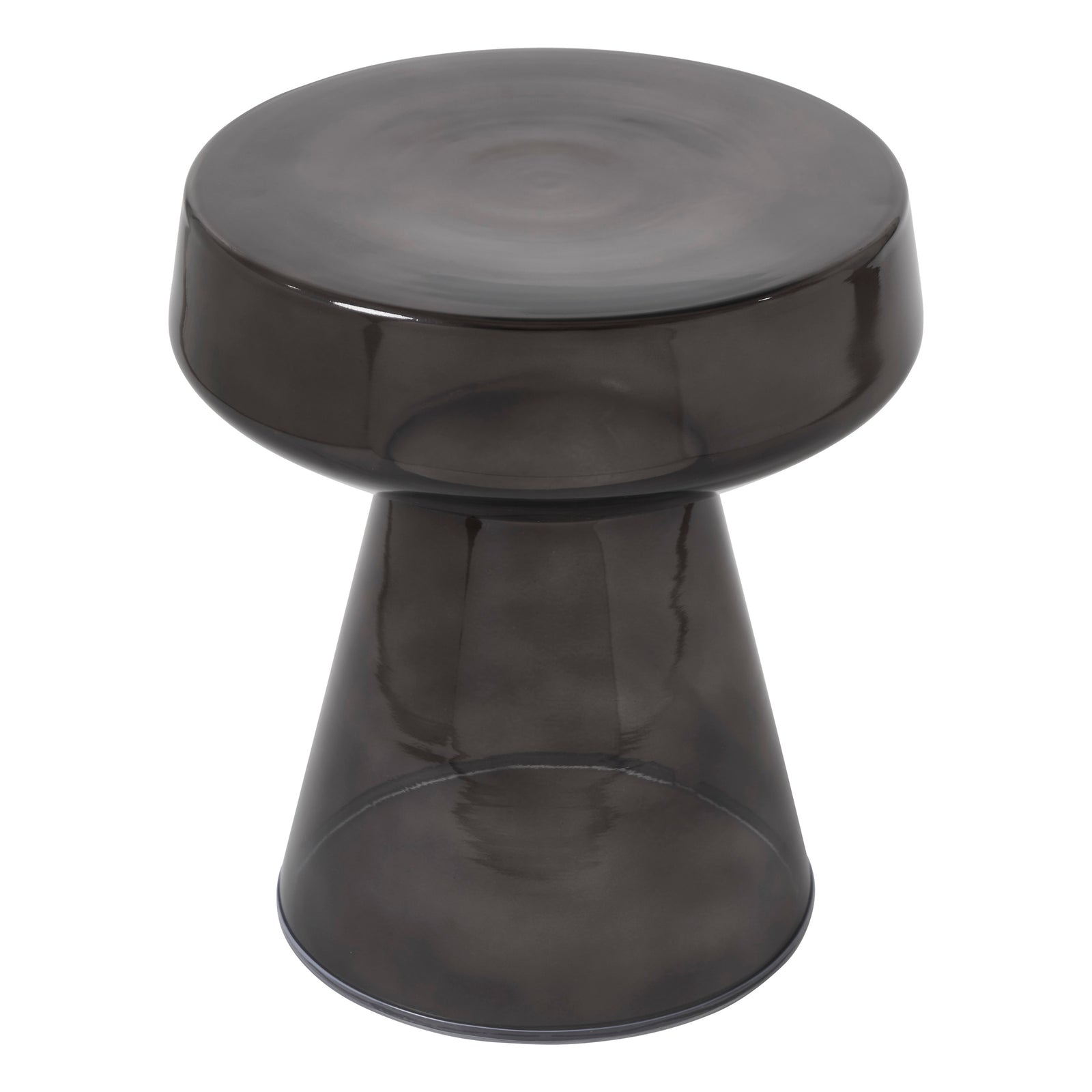 Lavinia table in dark smoke color with a rounded top and tapered base