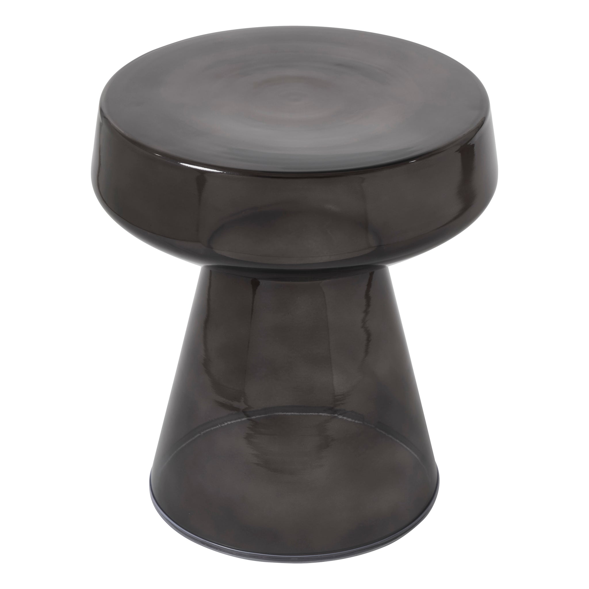 Lavinia table in dark smoke color featuring a smooth rounded top and conical base