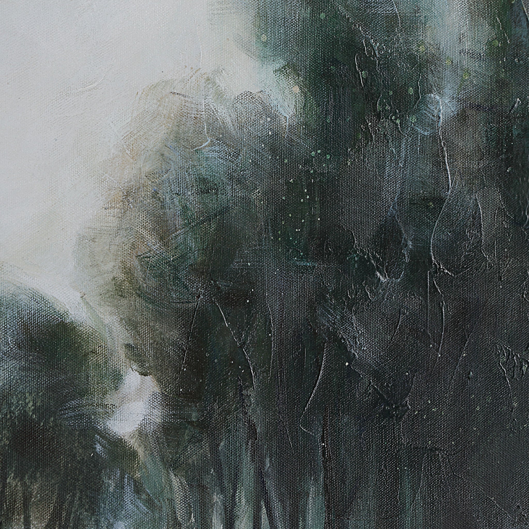 Close-up of Westside canvas art highlighting textured brush strokes and dark green foliage.