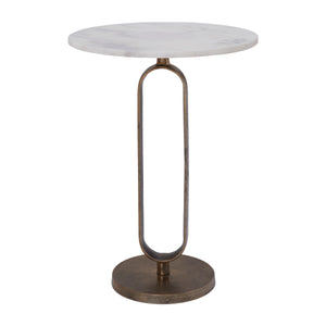 Irene Side Table displaying a round marble top and unique bronze base design