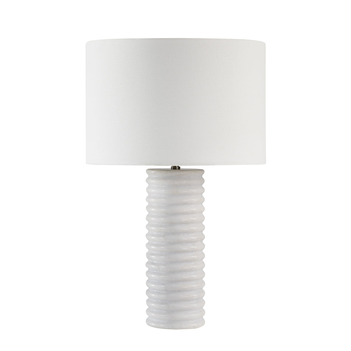 Alloro Table Lamp with a white cylindrical shade and a ribbed white ceramic base