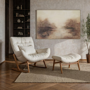 Onda canvas art featuring soft, muted colors in an abstract landscape design, framed in light wood.