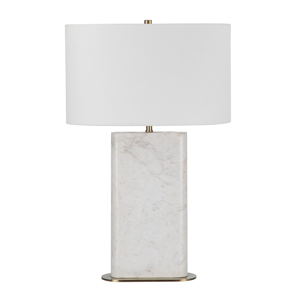 Irisa Table Lamp with a white fabric shade and a marble base in a rectangular shape.