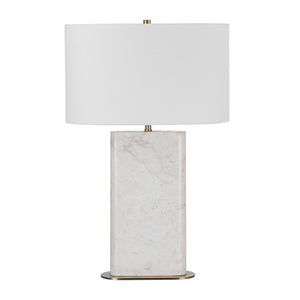 Irisa Table Lamp with a white fabric shade and a marble base in a rectangular shape.