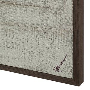 Close-up of Caramelo wall art showing textured light gray canvas and signature detail.