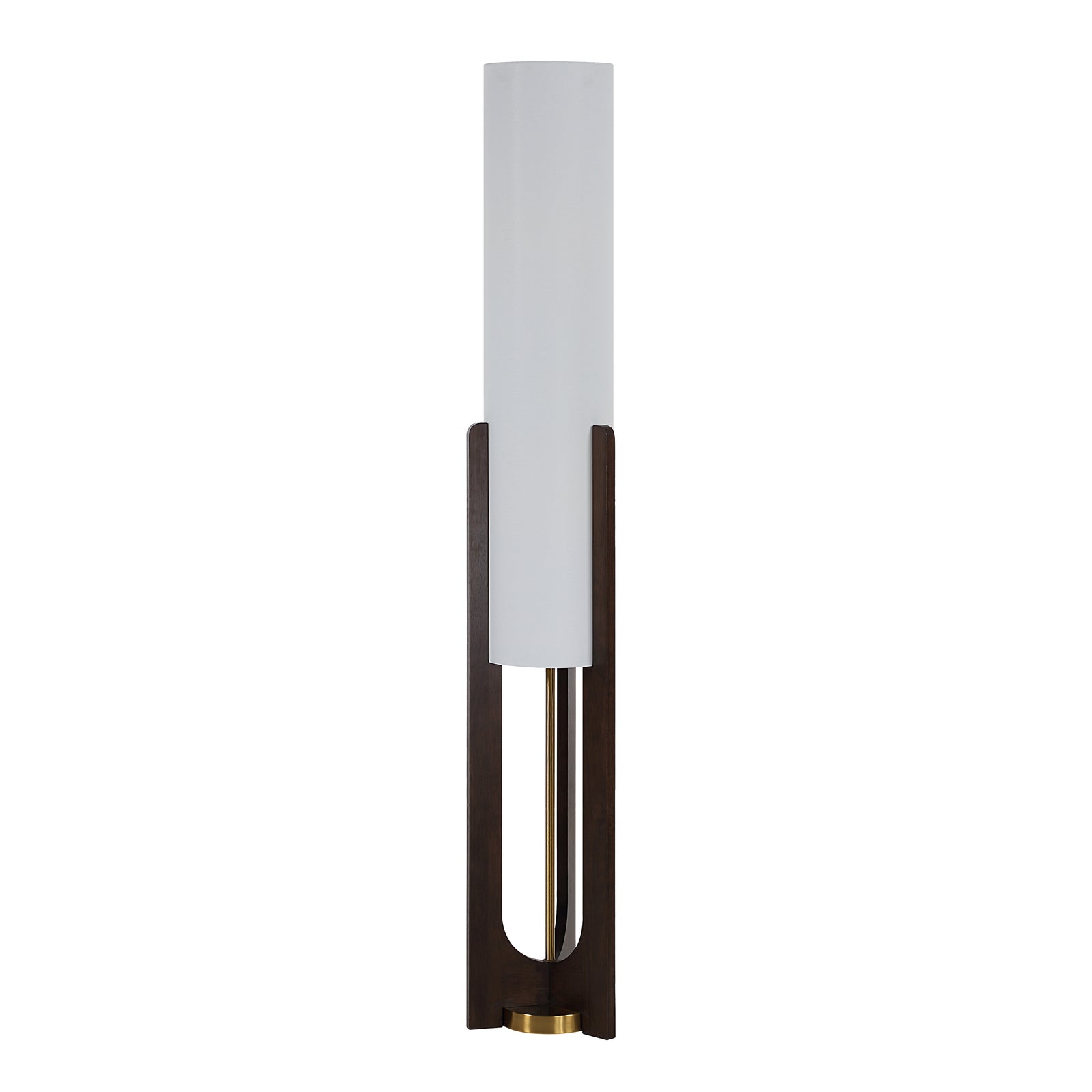 Mael floor lamp with a white cylindrical shade and dark wood base, featuring a gold accent.