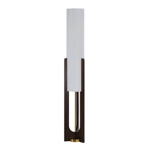 Mael floor lamp showcasing a white shade and dark wood frame, highlighted by a gold base.