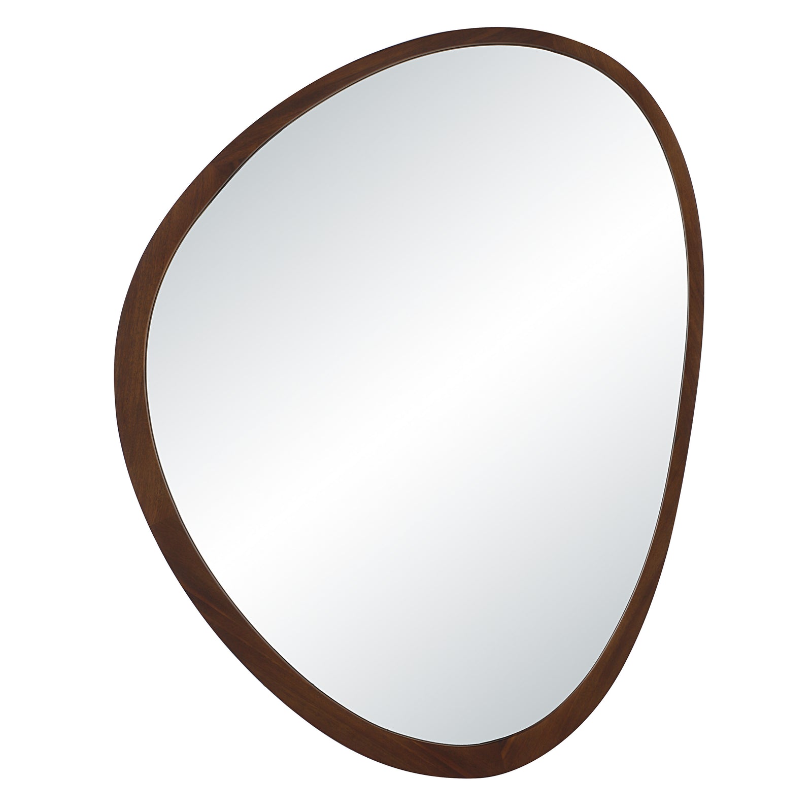 Borago mirror with a unique organic shape and dark wood frame, reflecting light.