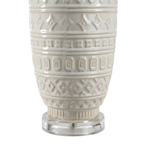 Close-up of Sereno Table Lamp's white ceramic base featuring intricate patterns.