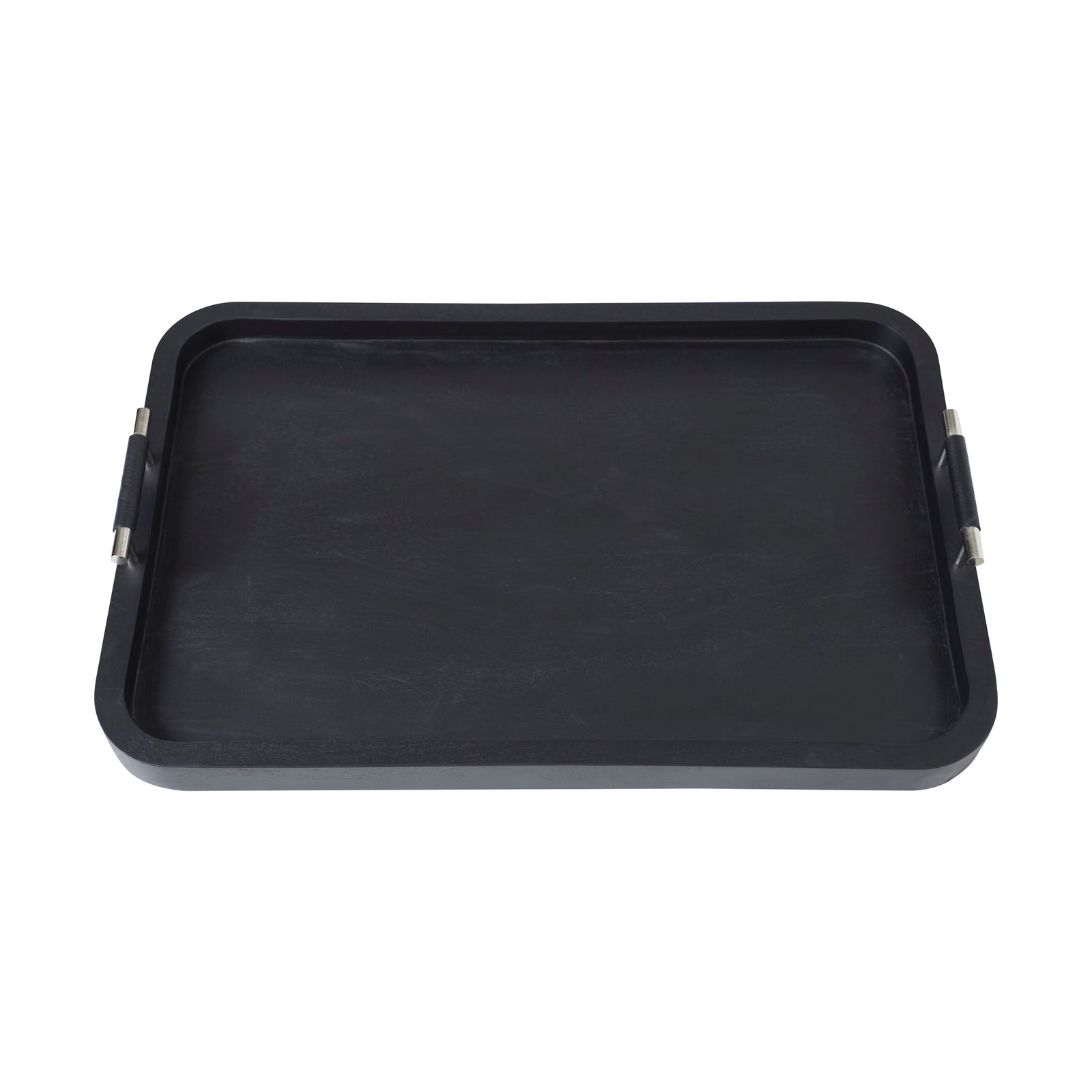 Hudson Tray by Renwil, black tray with raised edges and metal handles, top view.