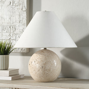 Assen Table Lamp showcasing a beige stone base and a white fabric cone shade.