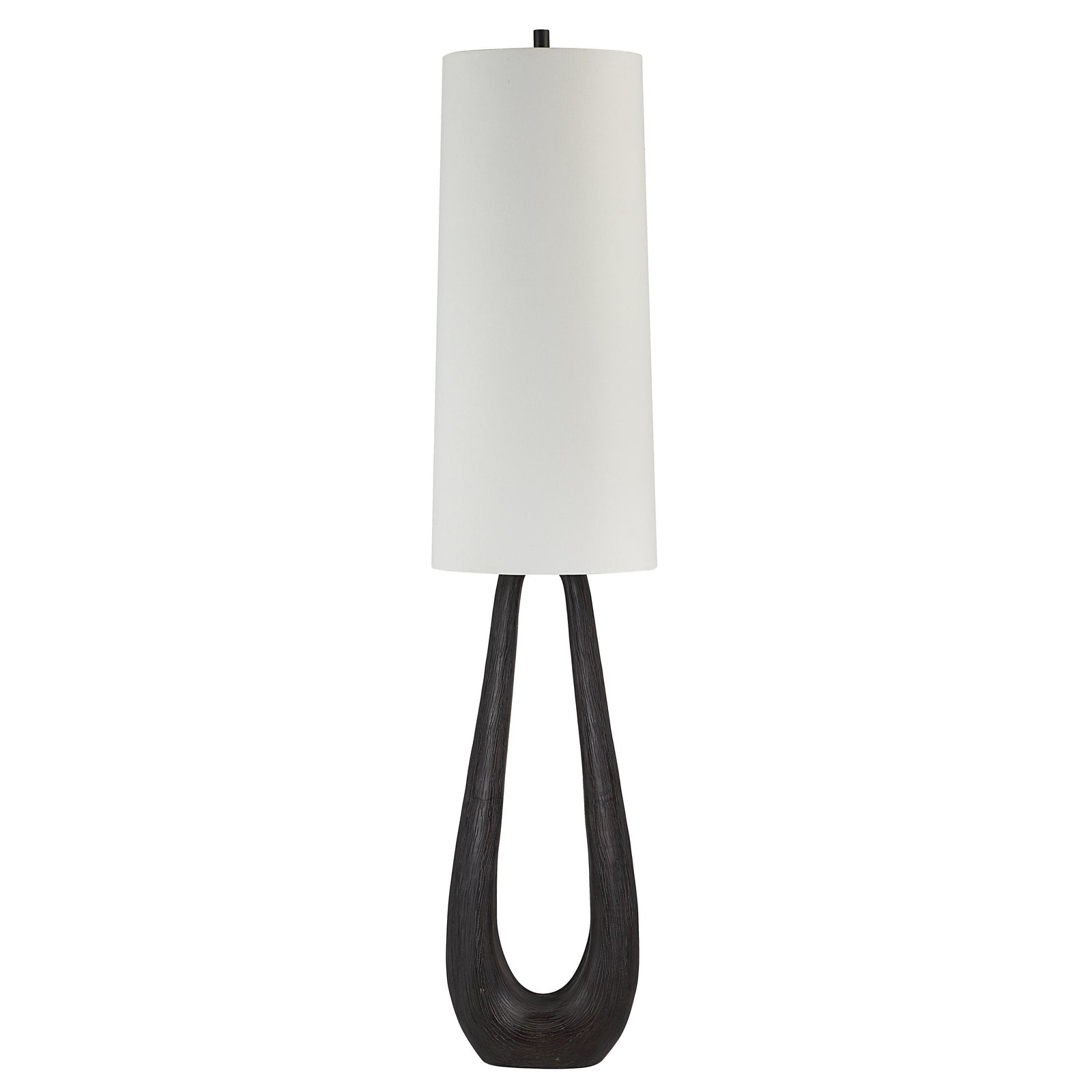 Cornelia floor lamp with a white cylindrical shade and a dark wood base in a modern design.