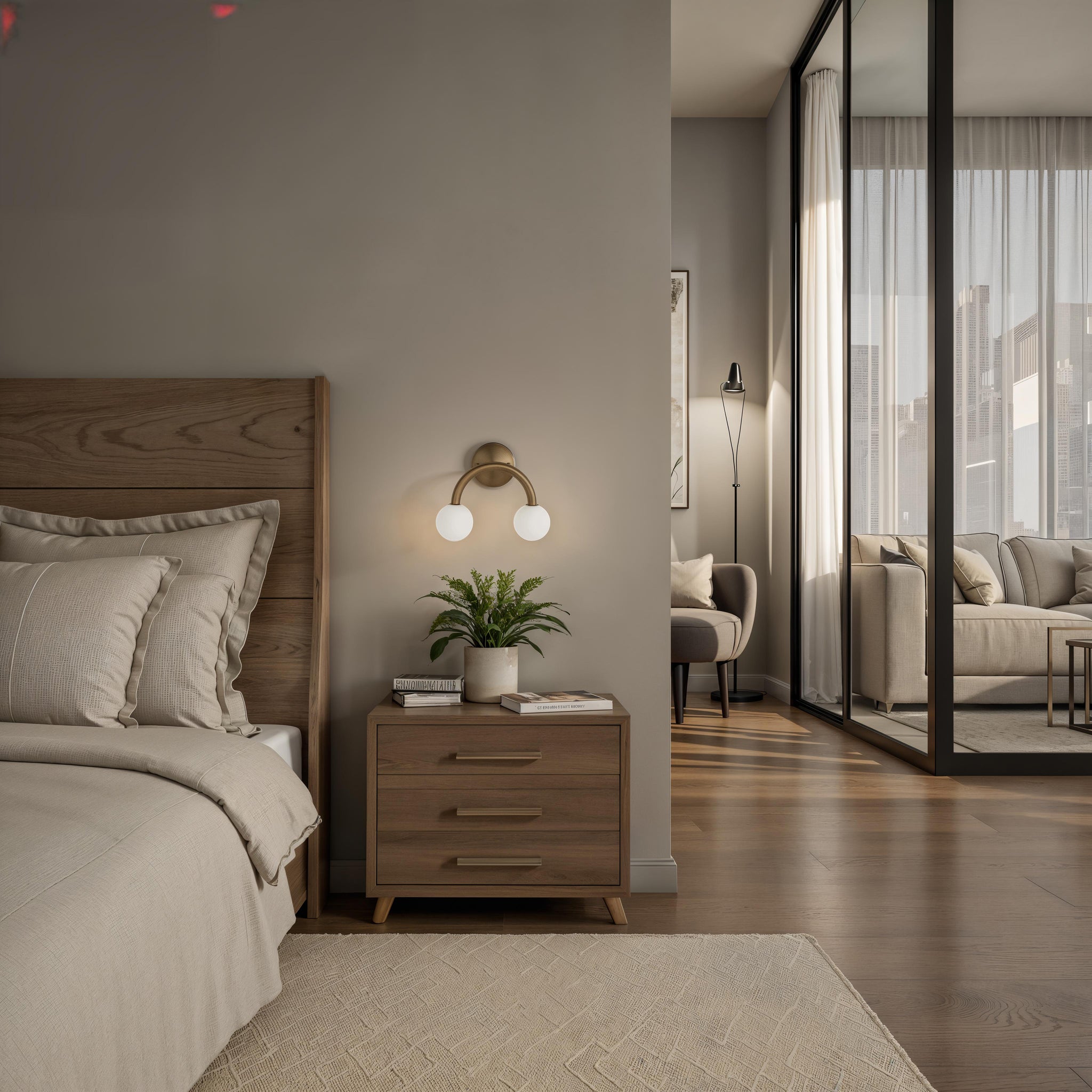 Santi wall sconce installed beside a bed in a modern bedroom setting