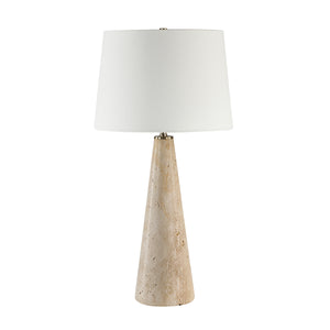 Almeria table lamp with a beige stone base and white fabric shade, showcasing a modern design.