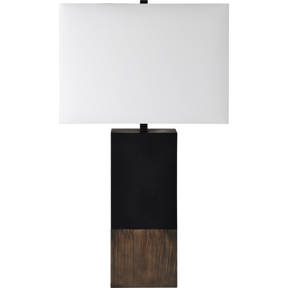 Broma Table Lamp with a black base and wooden lower section, topped with a white rectangular shade.