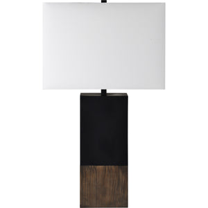 Broma Table Lamp with a black base and wooden lower section, topped with a white rectangular shade.