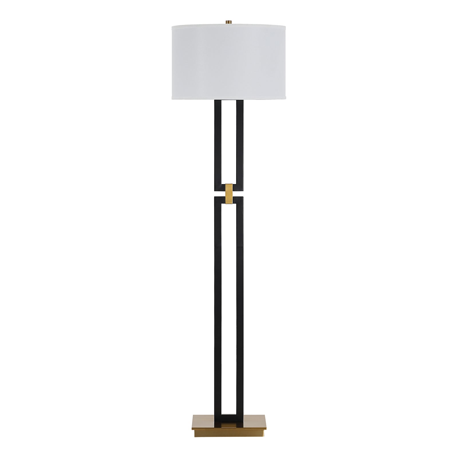 Theo Floor Lamp with a white drum shade, black metal base, and gold accent.
